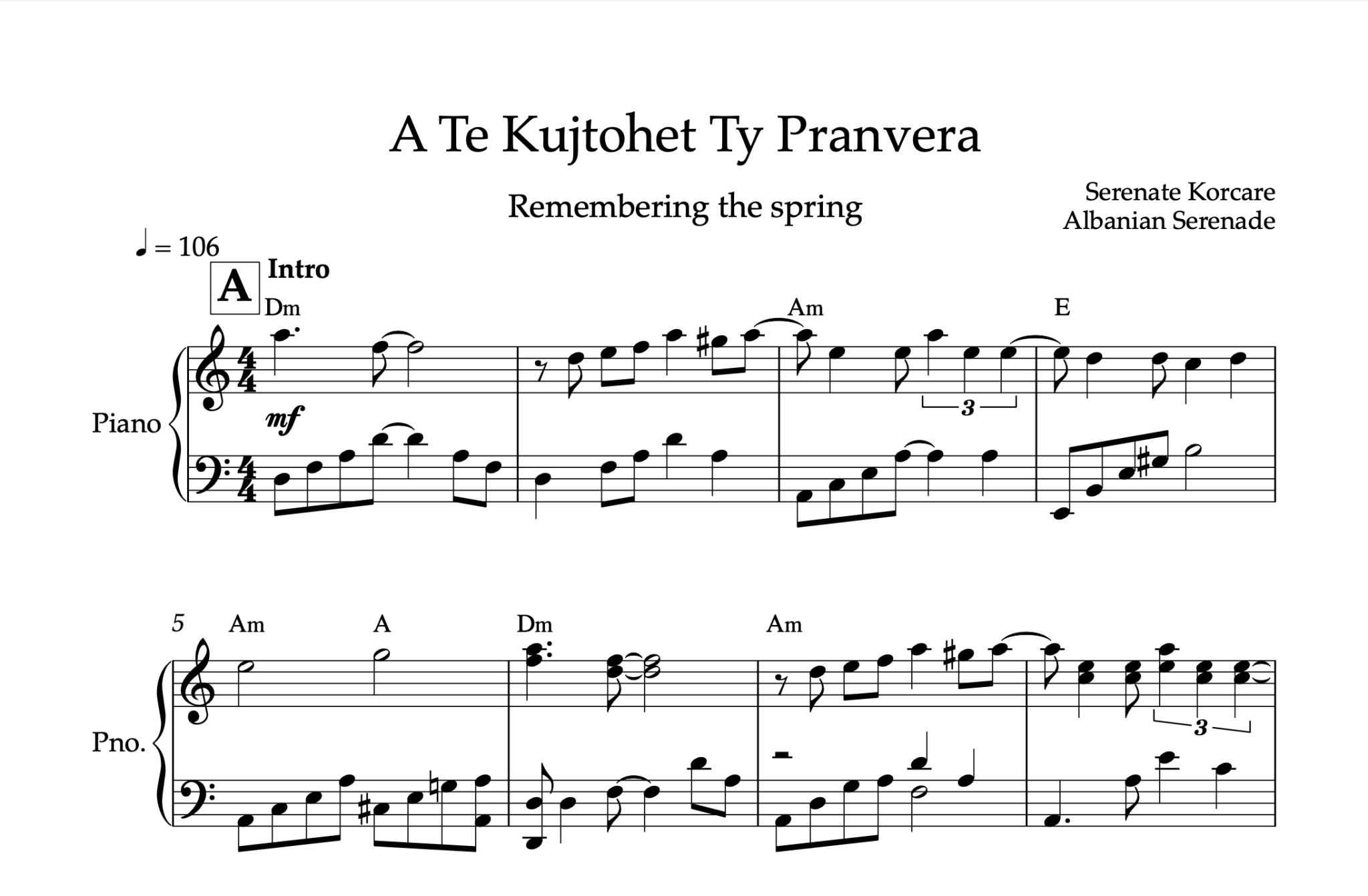 A te kujtohet ty Pranvera, Piano sheet + Chords - Alb Music Notes