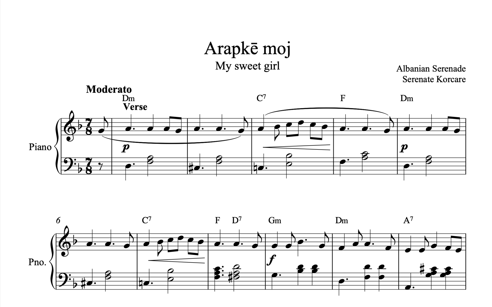 Arapke moj, Piano sheet + Chords - Alb Music Notes