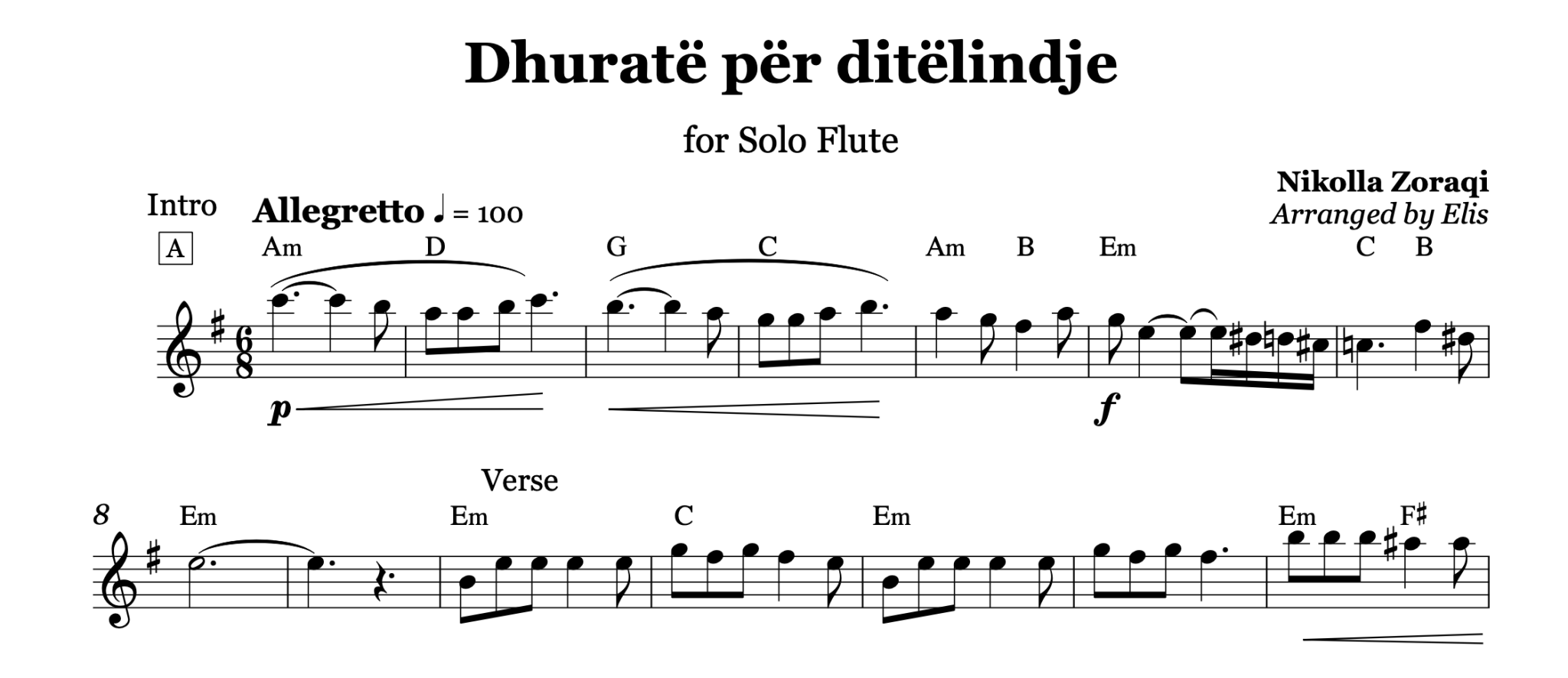 Dhuratë për ditëlindje, Flute Sheet Music - Alb Music Notes
