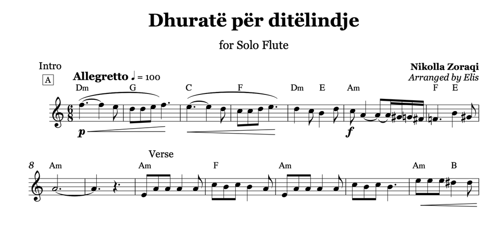 Dhuratë për ditëlindje, Flute Sheet Music - Alb Music Notes