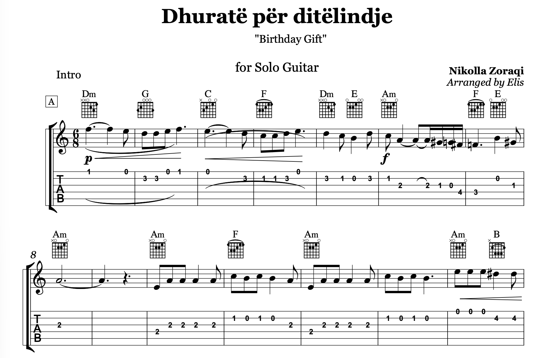 Dhuratë për ditëlindje, Guitar Sheet Music and Chords - Alb Music Notes