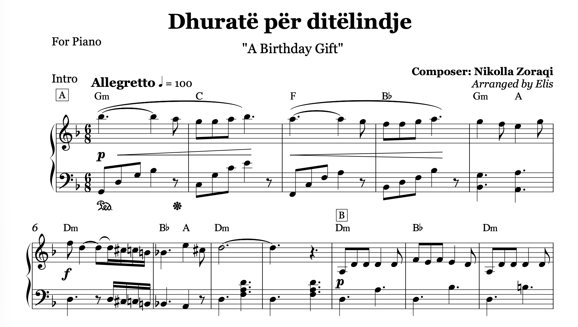 Dhuratë për ditëlindje, Piano Sheet Music and Chords - Alb Music Notes