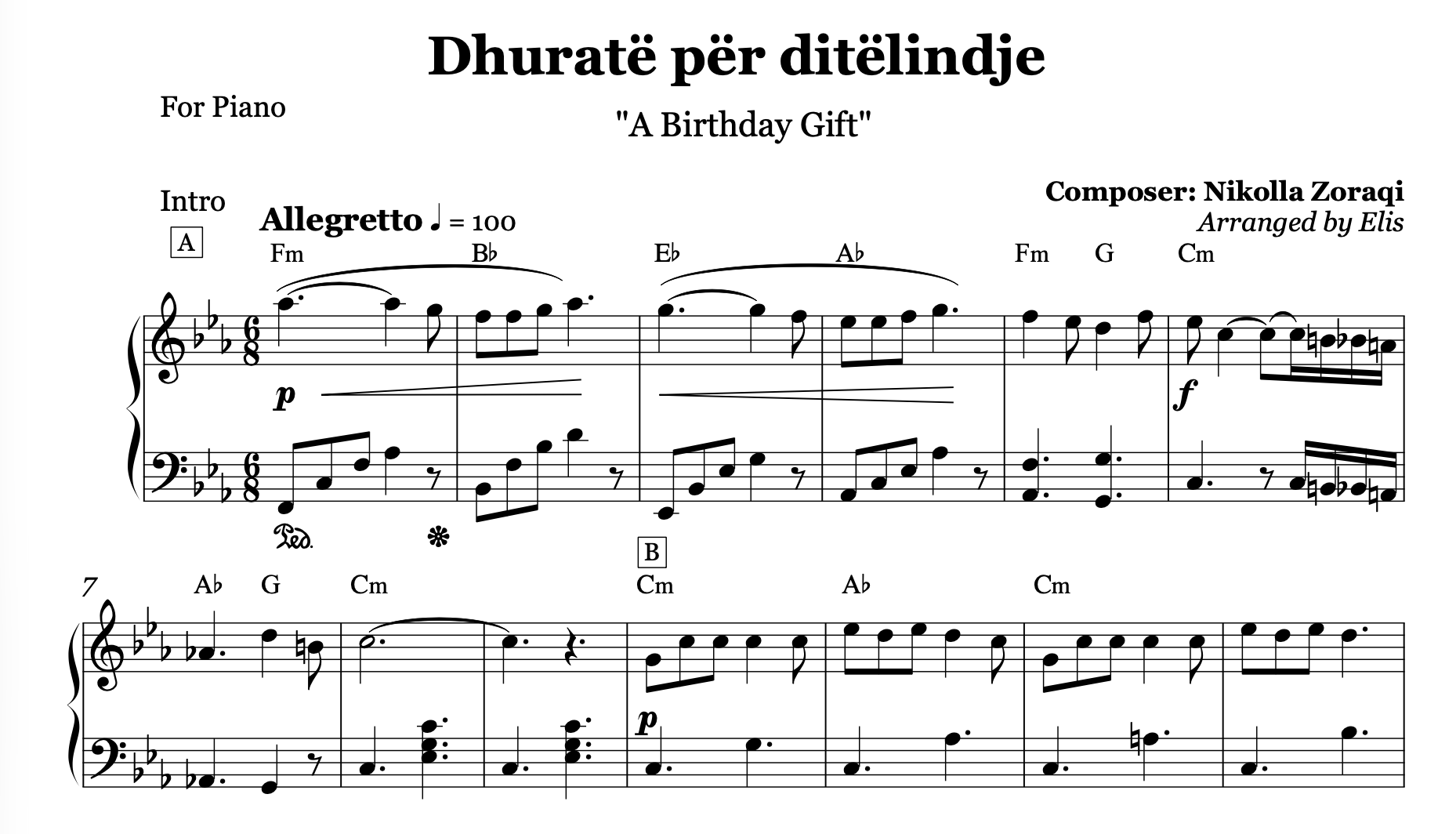 Dhuratë për ditëlindje, Piano Sheet Music and Chords - Alb Music Notes