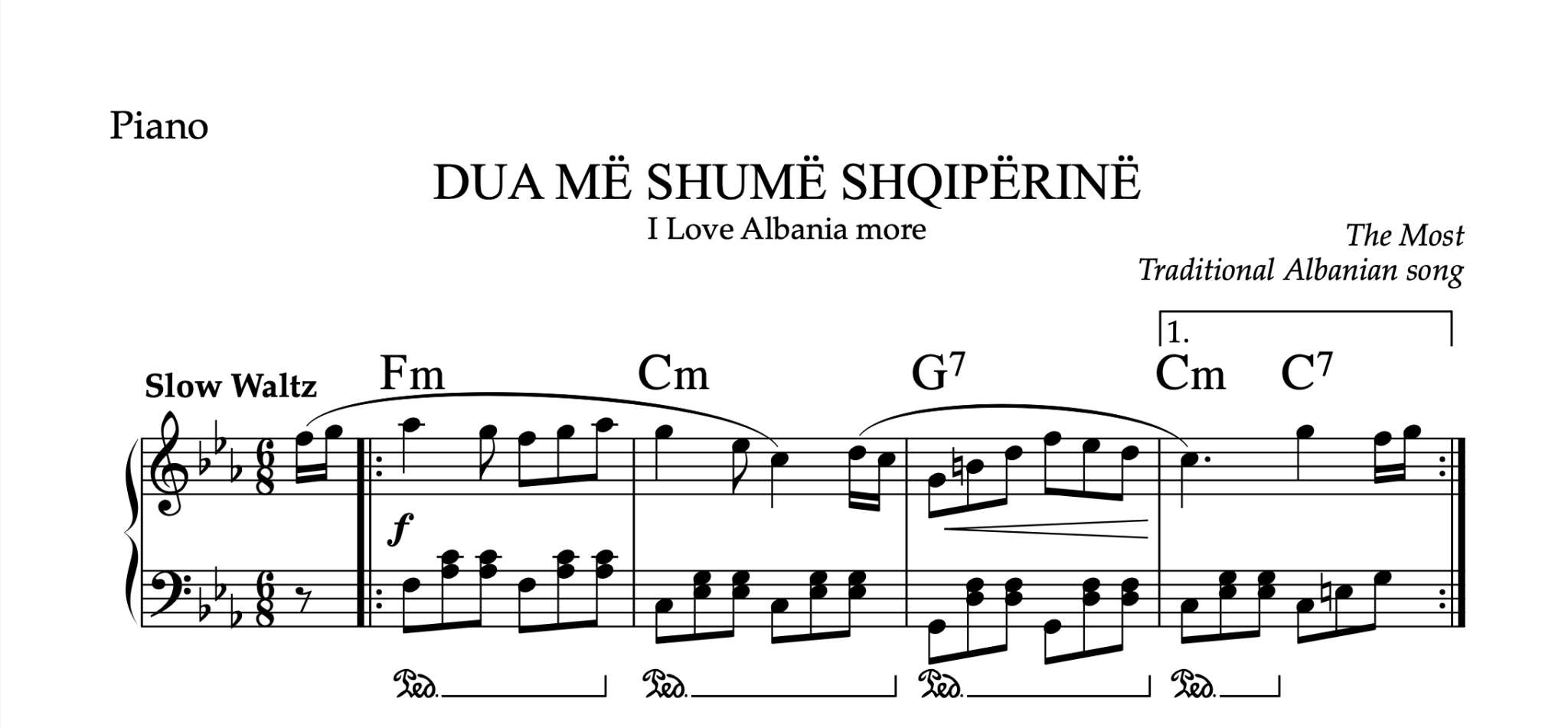Dua me shume Shqiperine, Piano sheet + chords - Alb Music Notes