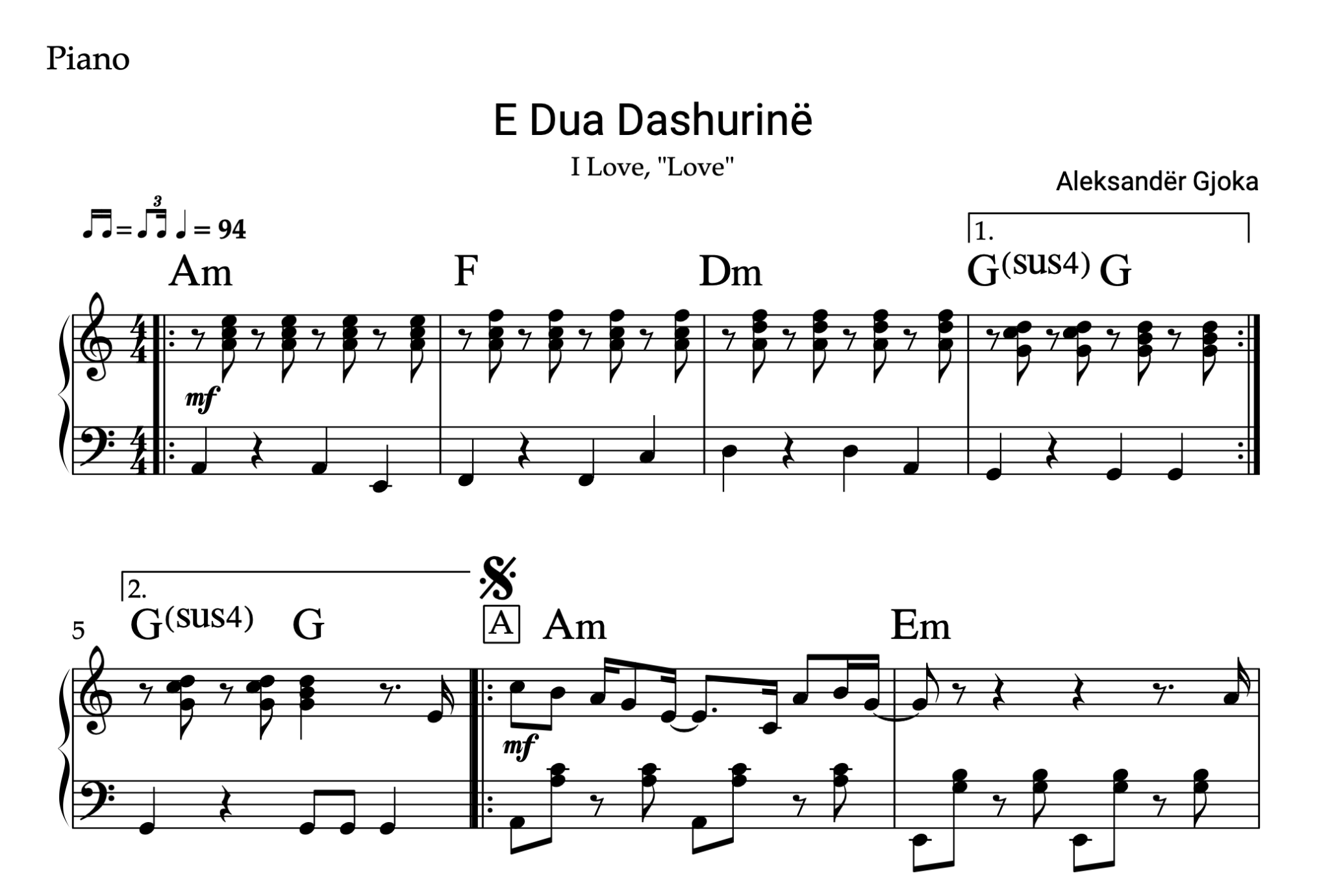 E dua Dashurinë, Piano sheet + chords - Alb Music Notes