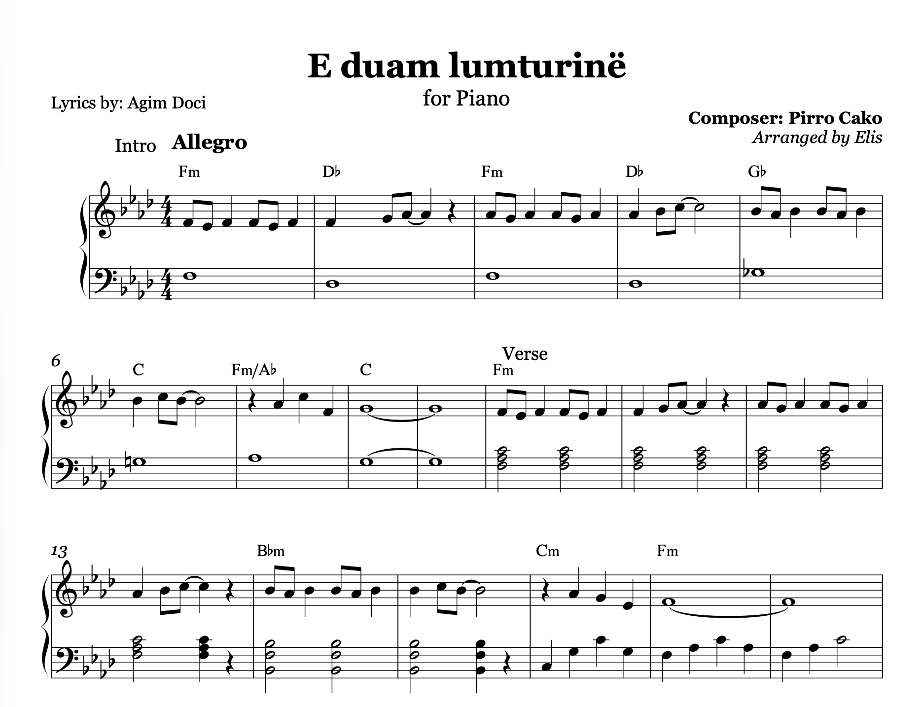 E duam lumturinë, Piano Sheet Music and Chords - Alb Music Notes