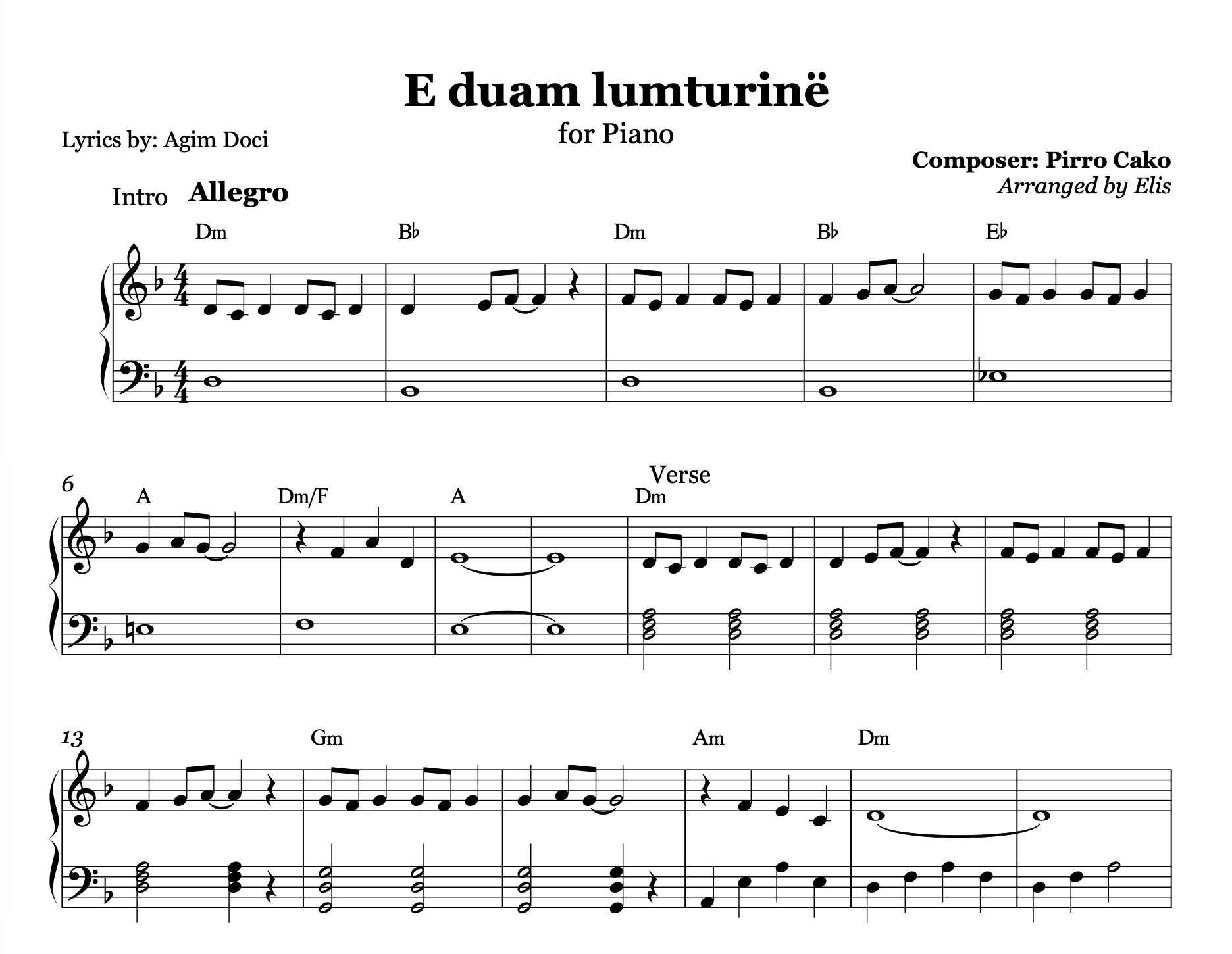 E duam lumturinë, Piano Sheet Music and Chords - Alb Music Notes