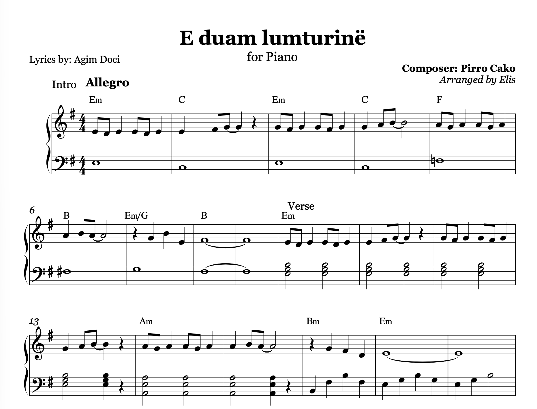 E duam lumturinë, Piano Sheet Music and Chords - Alb Music Notes