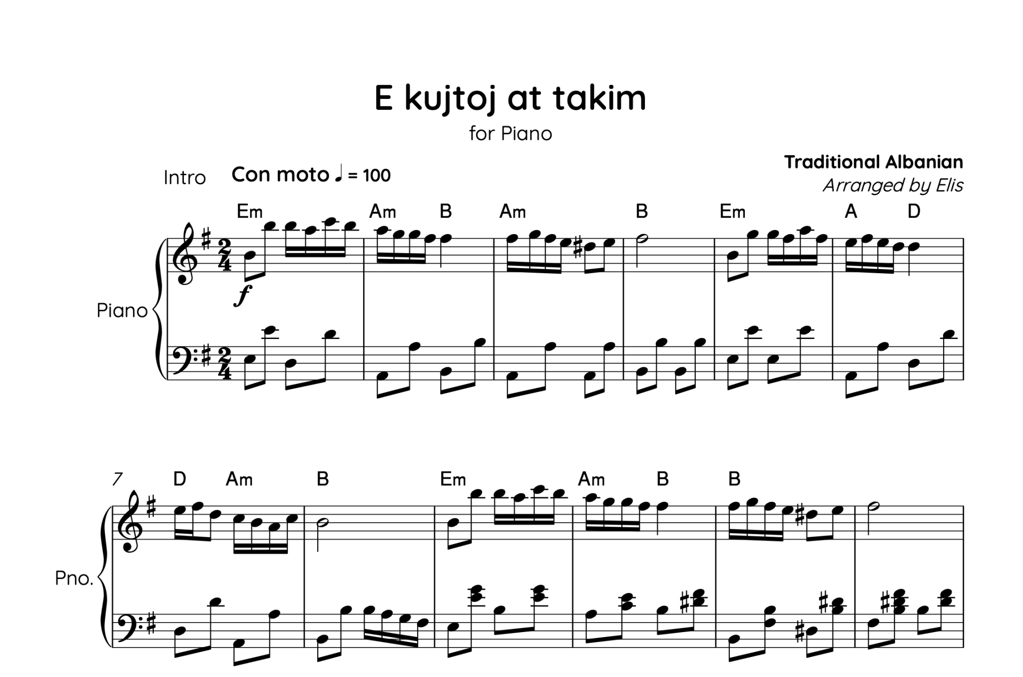 E kujtoj at takim, Piano sheet + Chords - Alb Music Notes