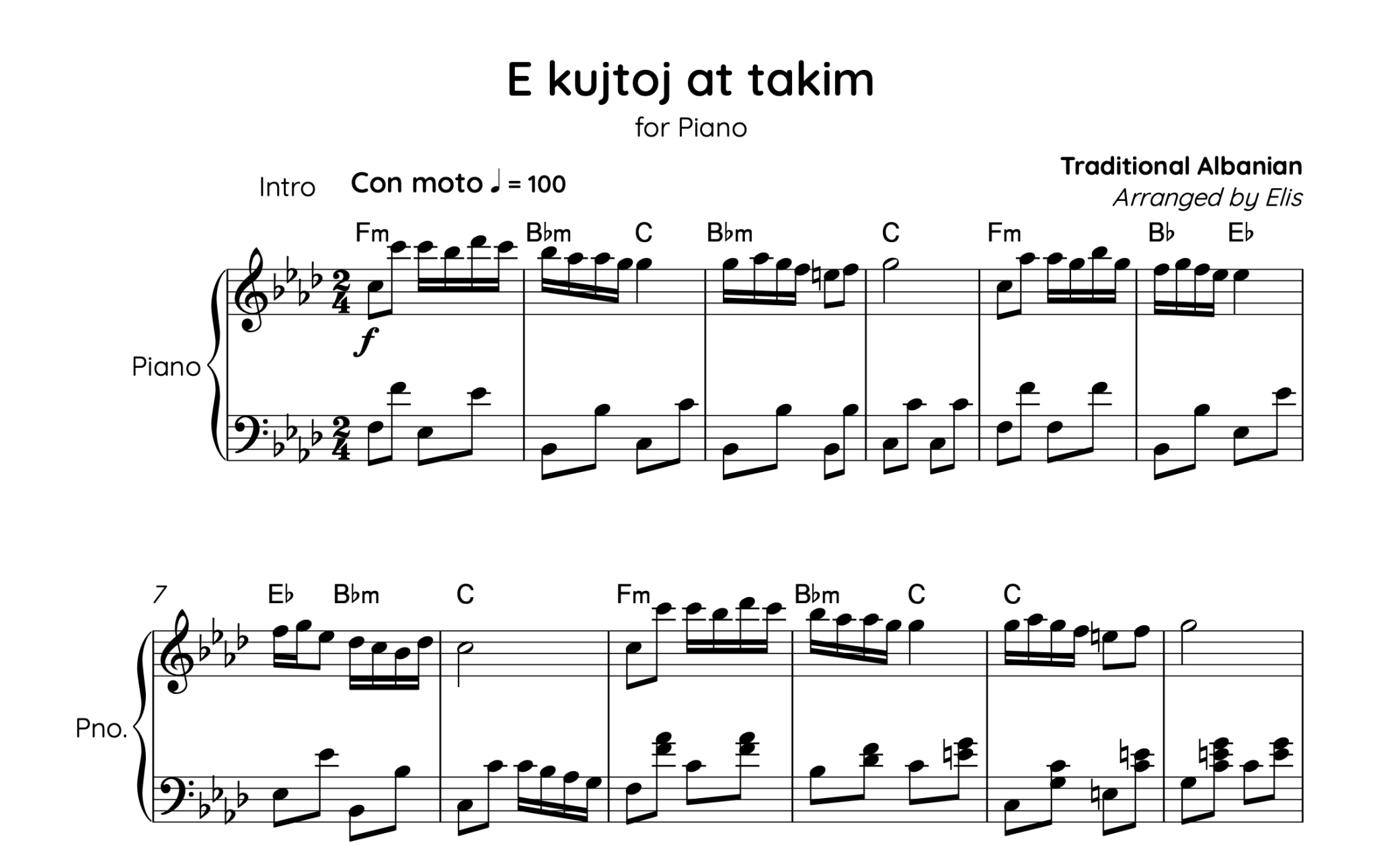 E kujtoj at takim, Piano sheet + Chords - Alb Music Notes