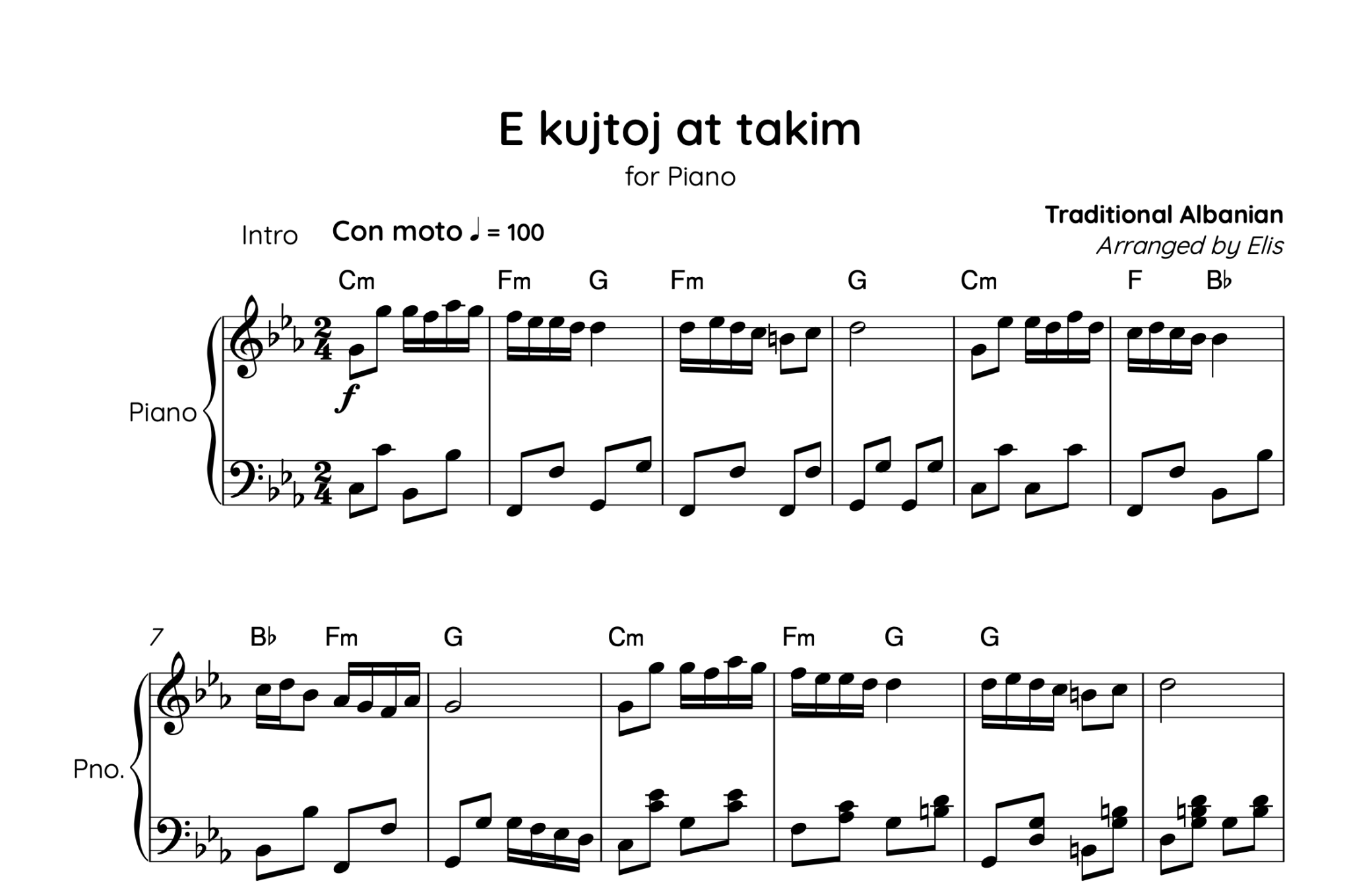 E kujtoj at takim, Piano sheet + Chords - Alb Music Notes