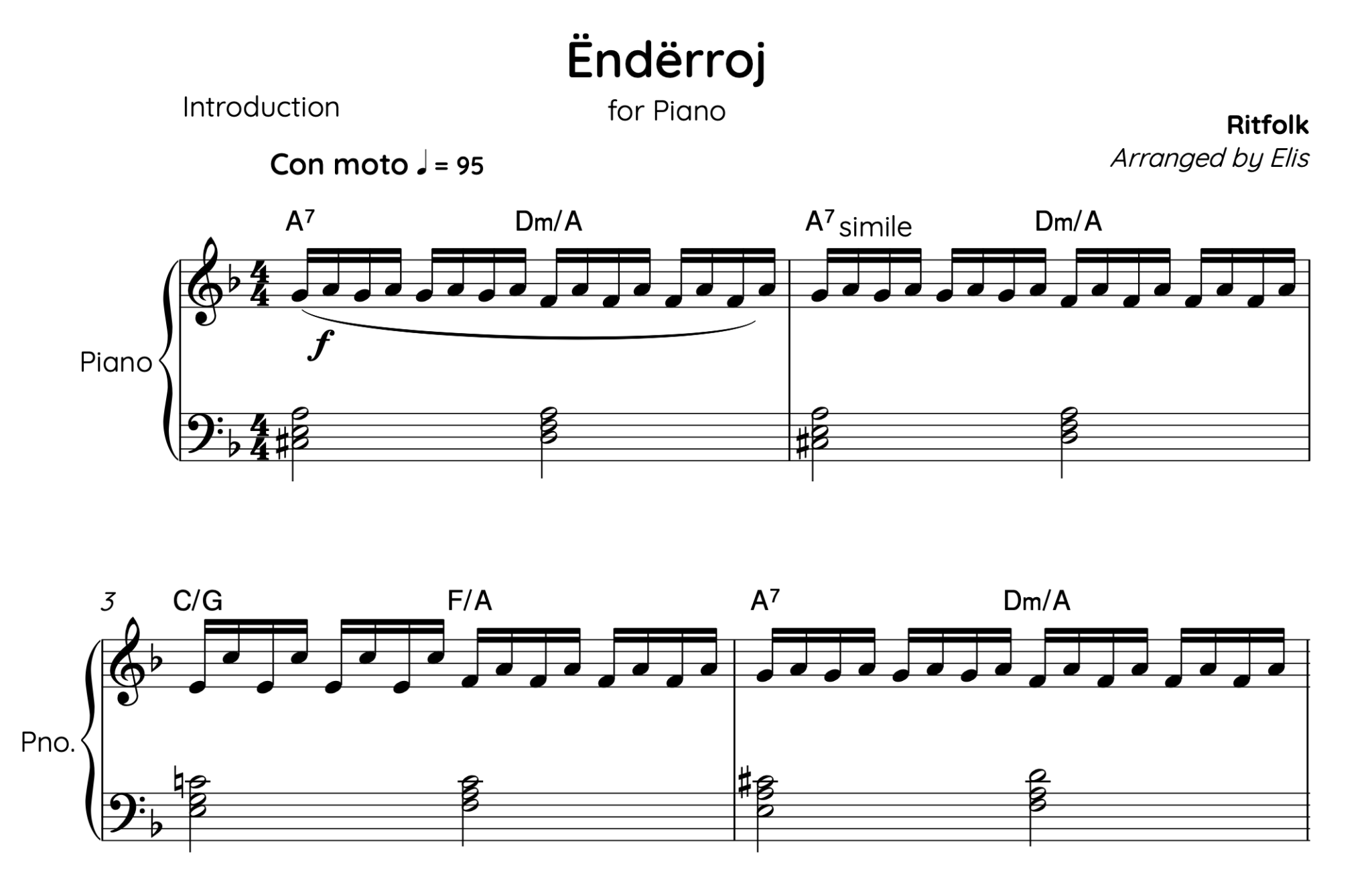 Enderroj, Piano sheet + chords - Alb Music Notes