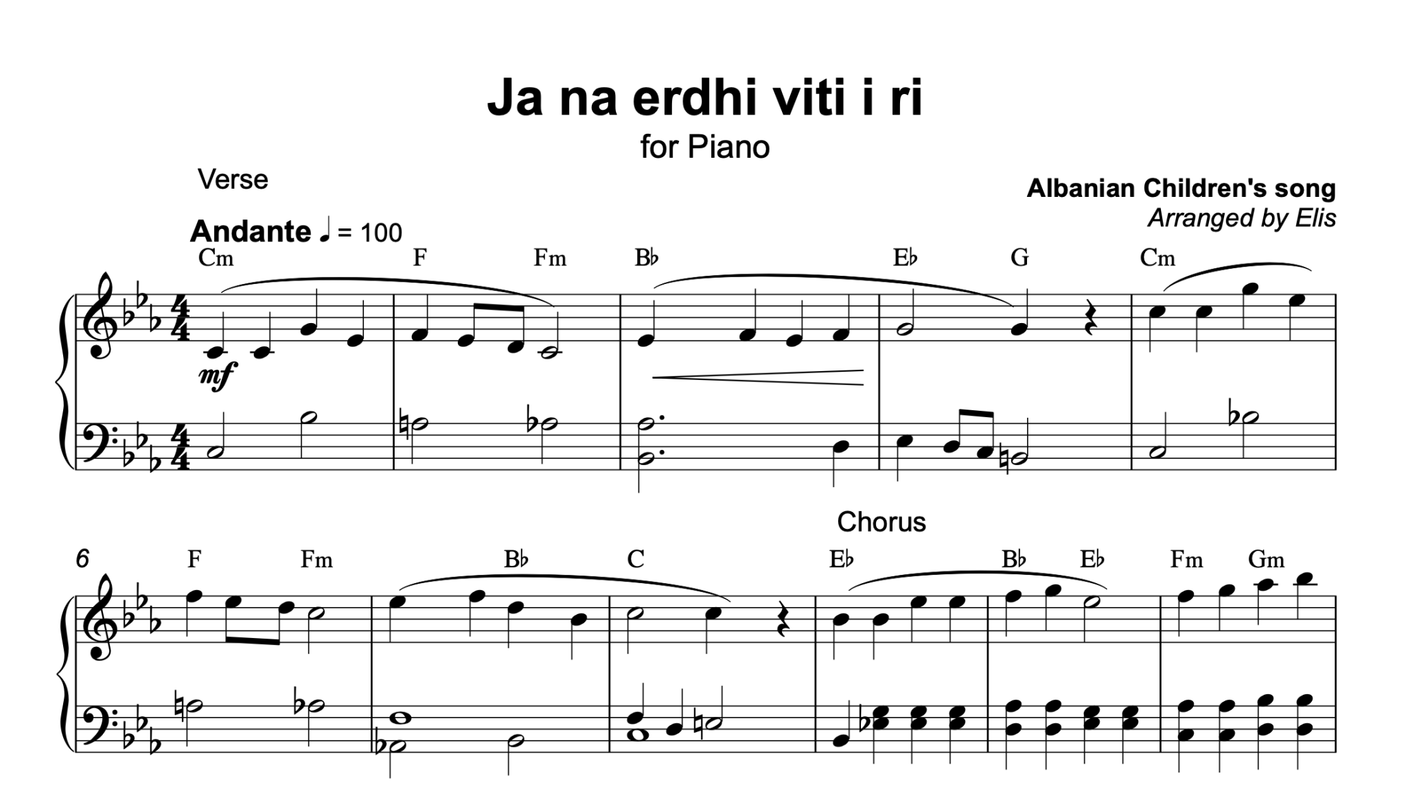 Ja na erdhi viti i ri, Piano sheet + chords - Alb Music Notes
