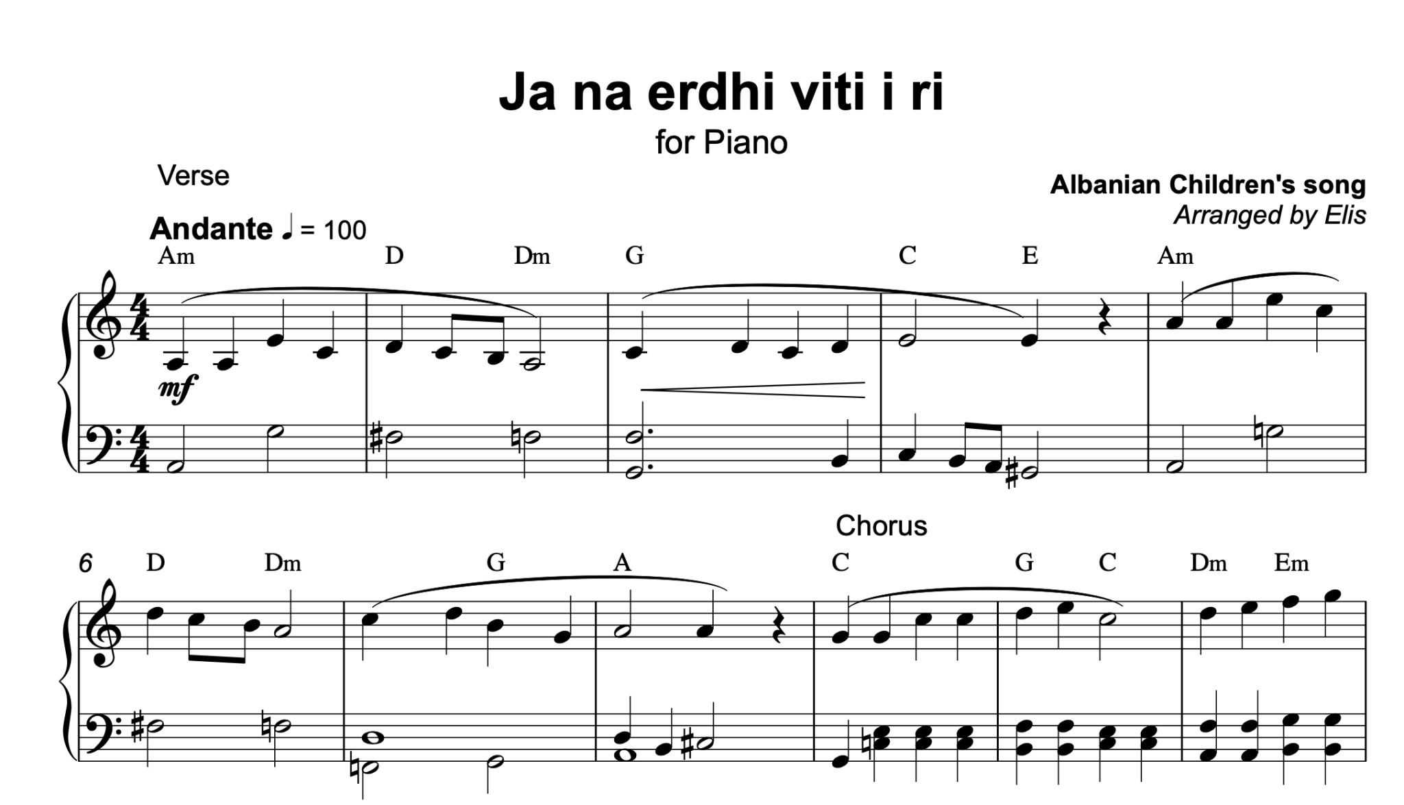 Ja na erdhi viti i ri, Piano sheet + chords - Alb Music Notes