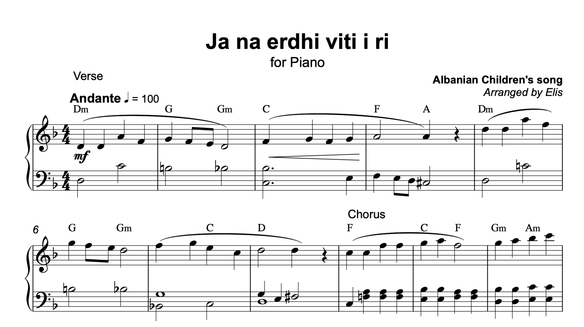 Ja na erdhi viti i ri, Piano sheet + chords - Alb Music Notes