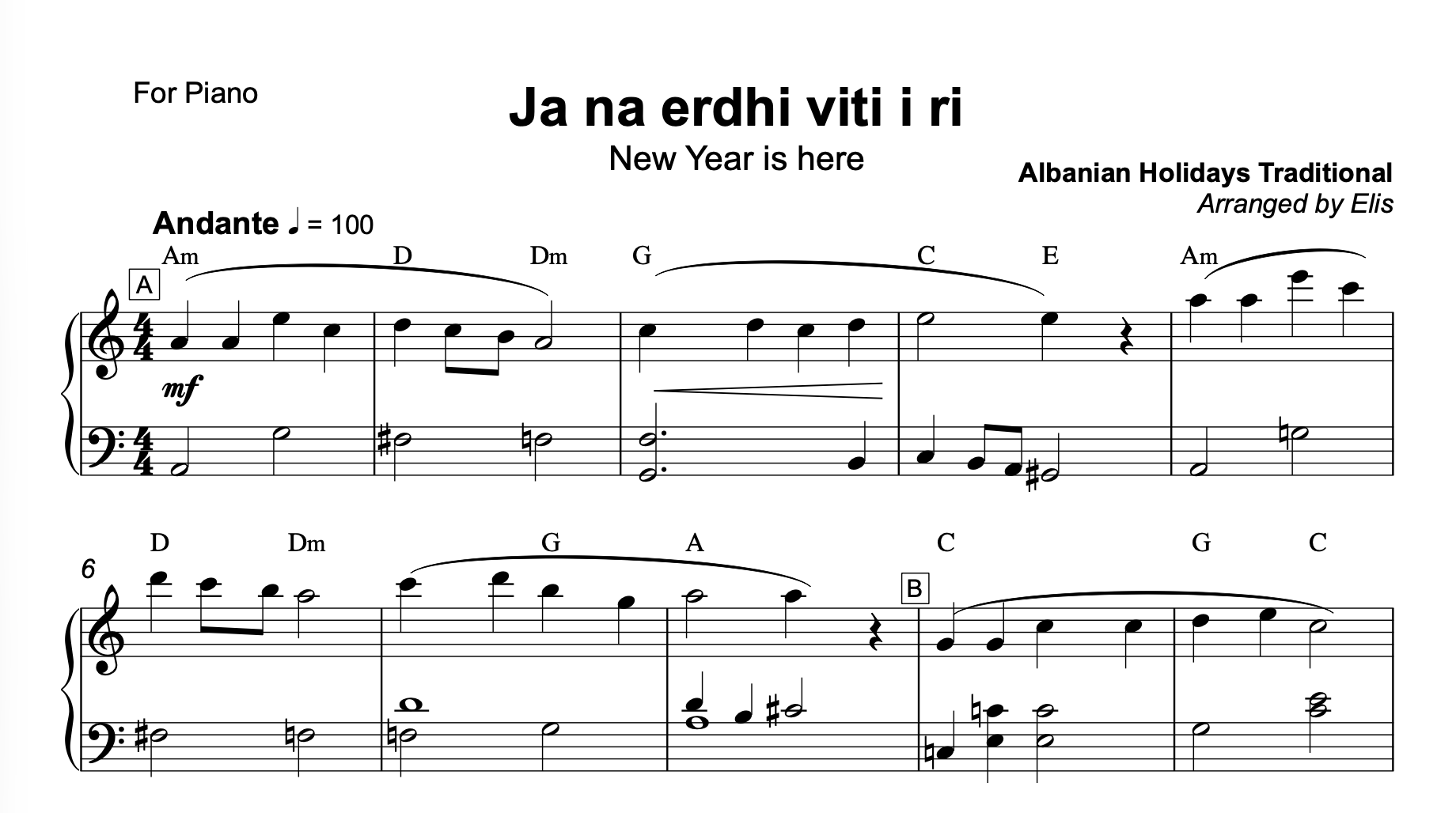 Ja na erdhi viti i ri, Piano sheet + chords - Alb Music Notes