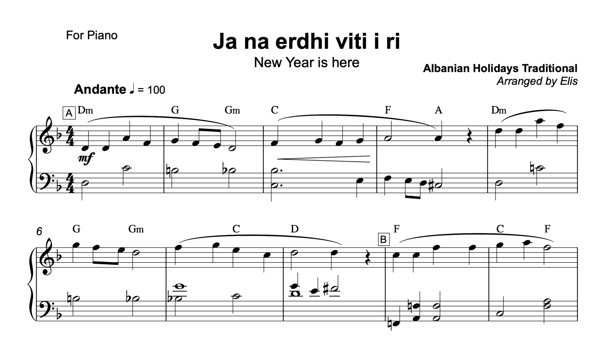 Ja na erdhi viti i ri, Piano sheet + chords - Alb Music Notes