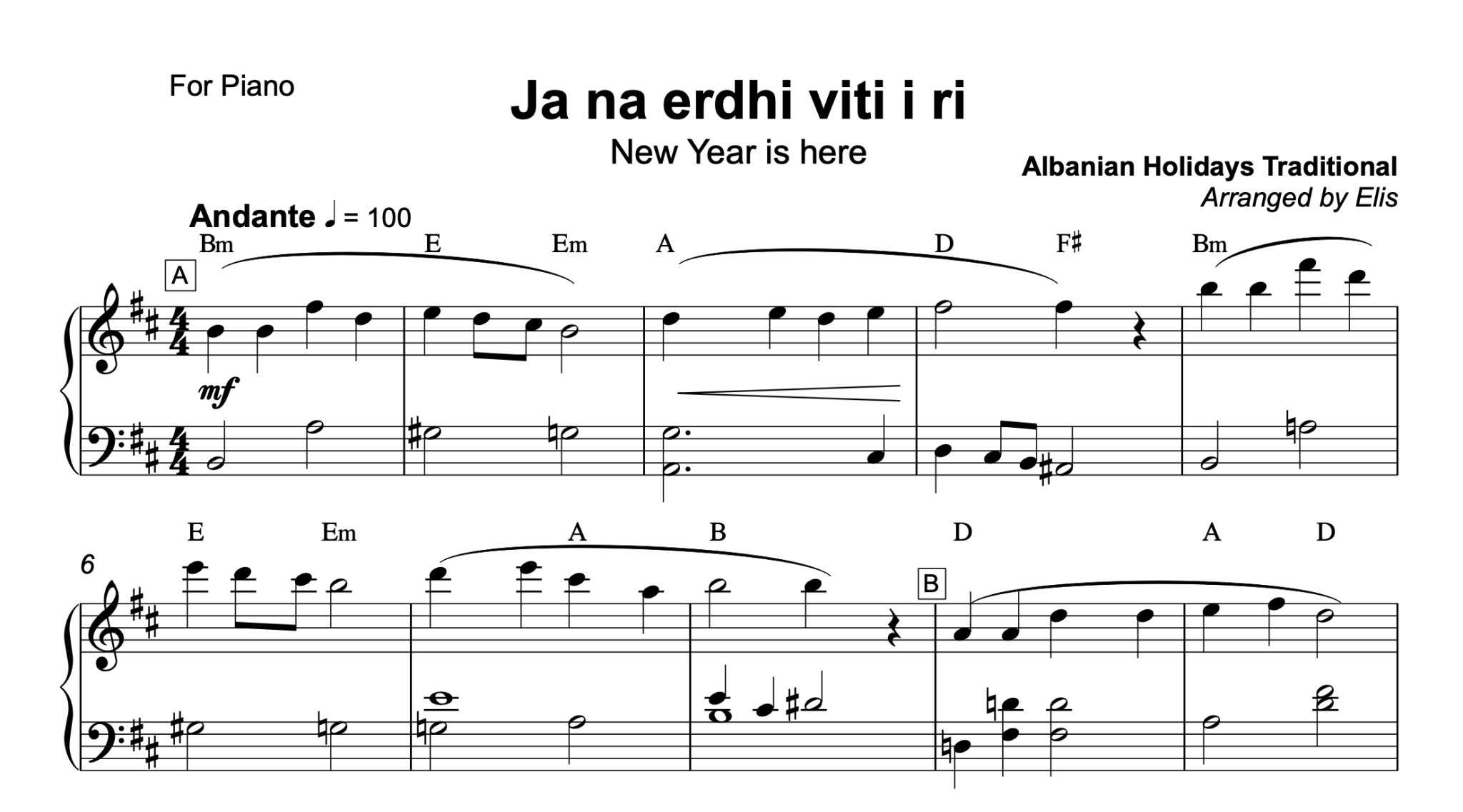 Ja na erdhi viti i ri, Piano sheet + chords - Alb Music Notes
