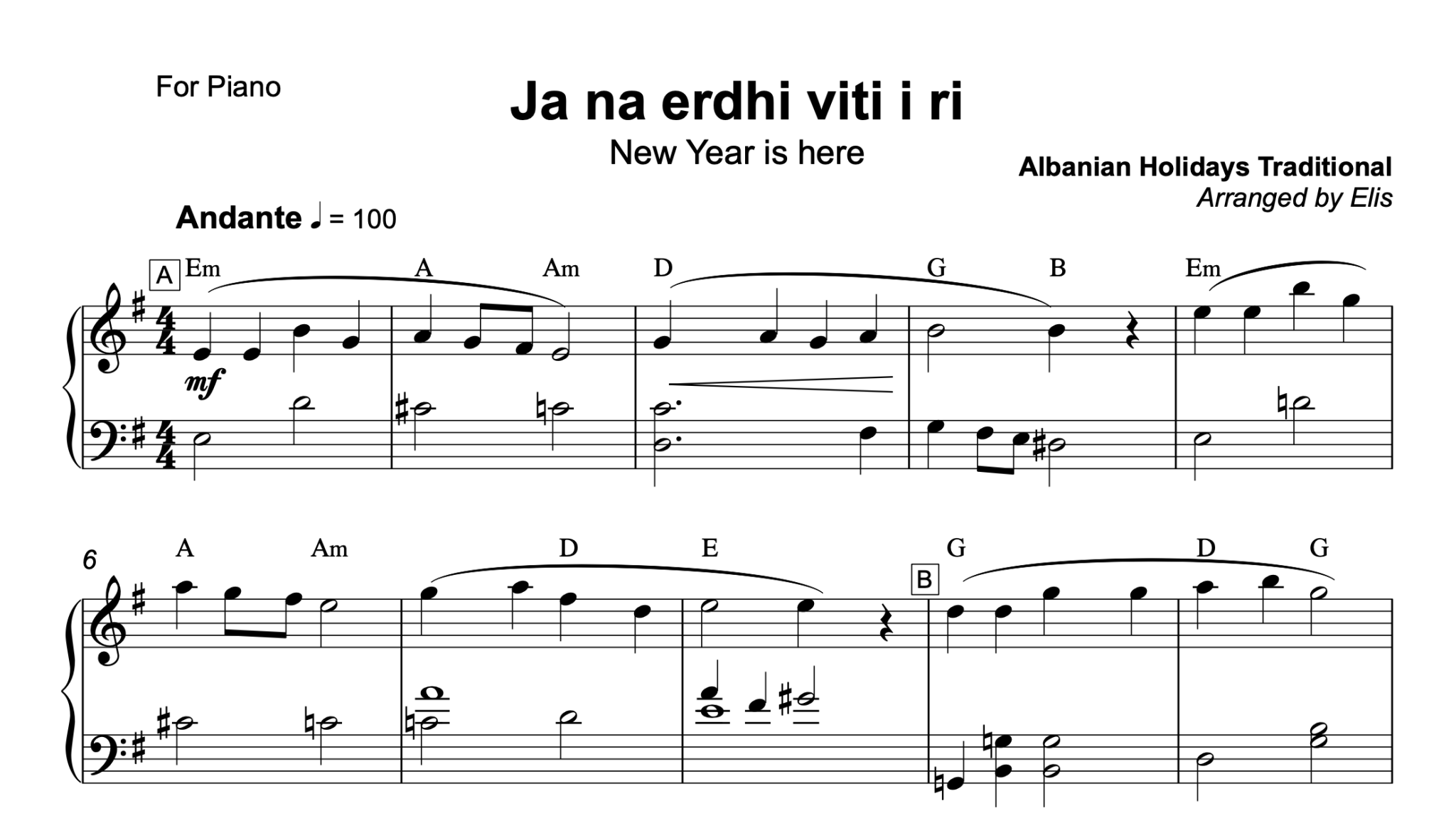 Ja na erdhi viti i ri, Piano sheet + chords - Alb Music Notes