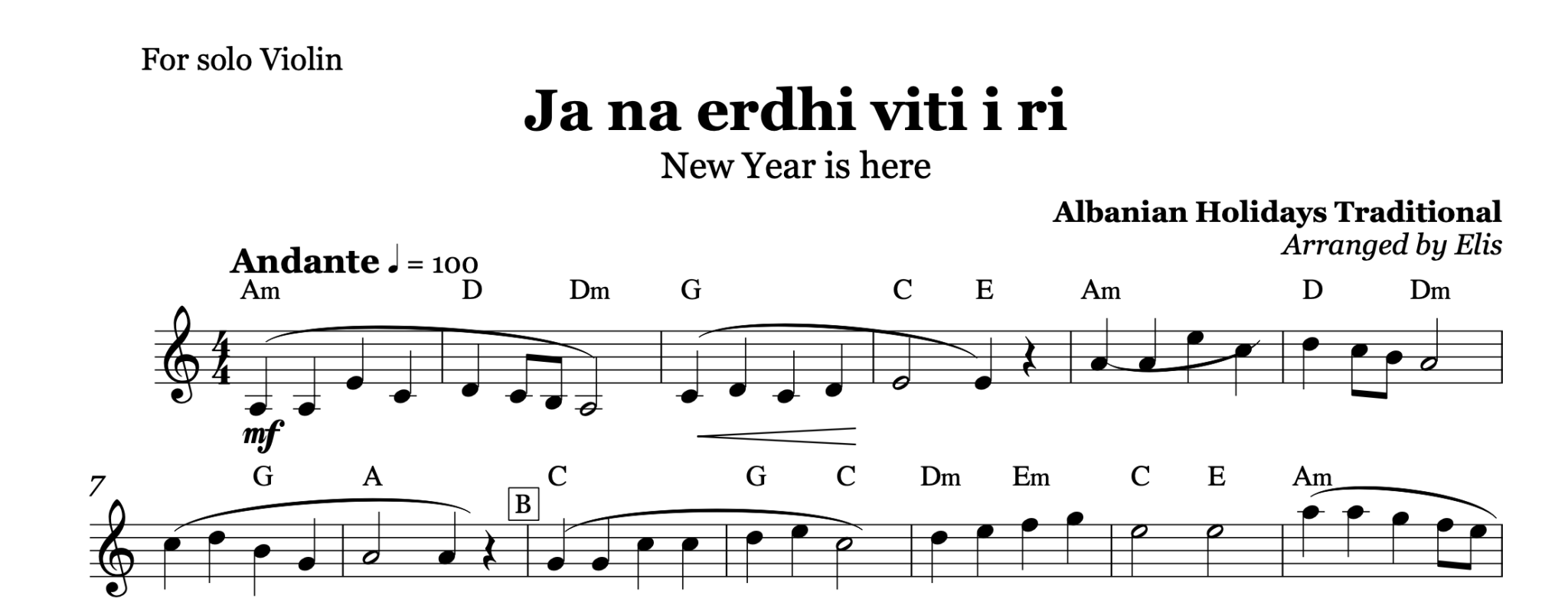 Ja na erdhi viti i ri, Violin sheet music - Alb Music Notes