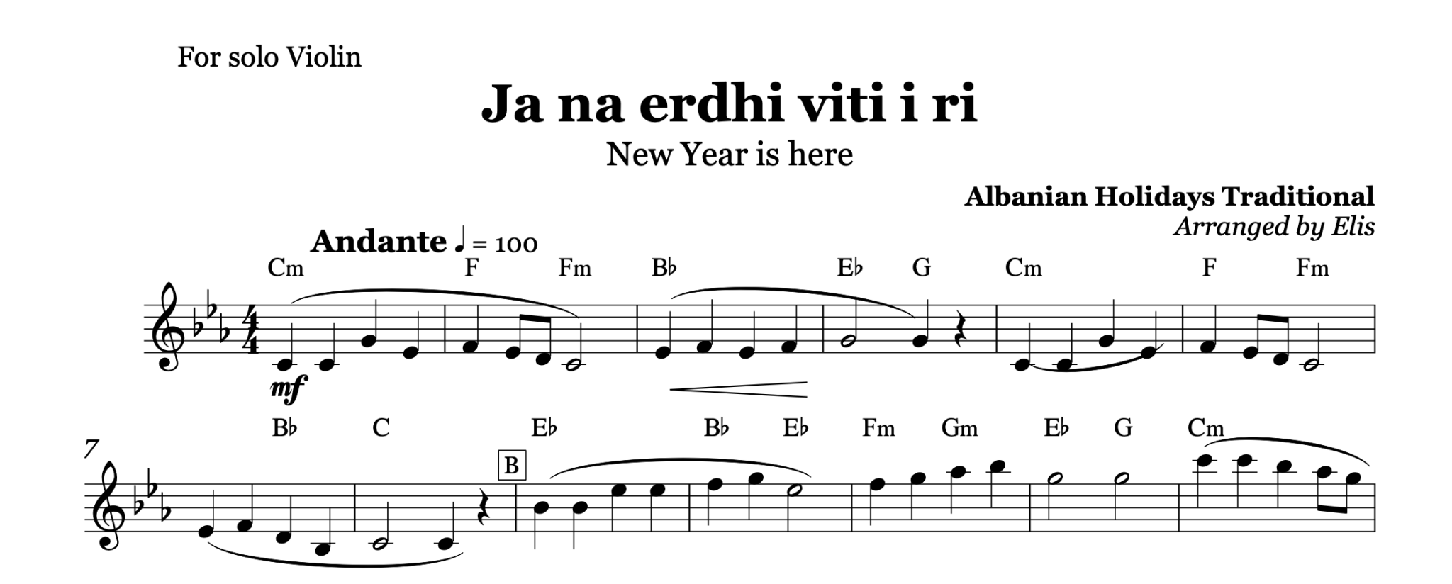 Ja na erdhi viti i ri, Violin sheet music - Alb Music Notes