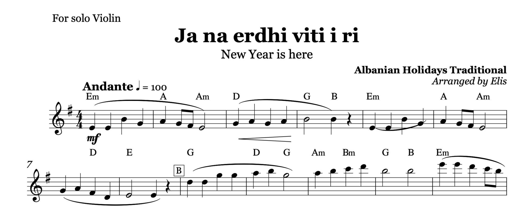 Ja na erdhi viti i ri, Violin sheet music - Alb Music Notes
