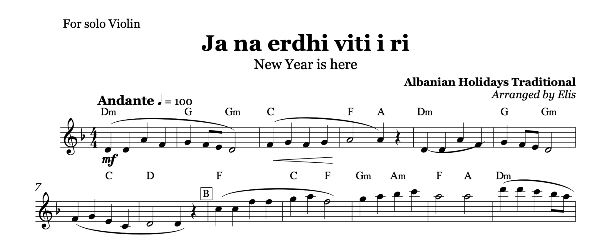 Ja na erdhi viti i ri, Violin sheet music - Alb Music Notes