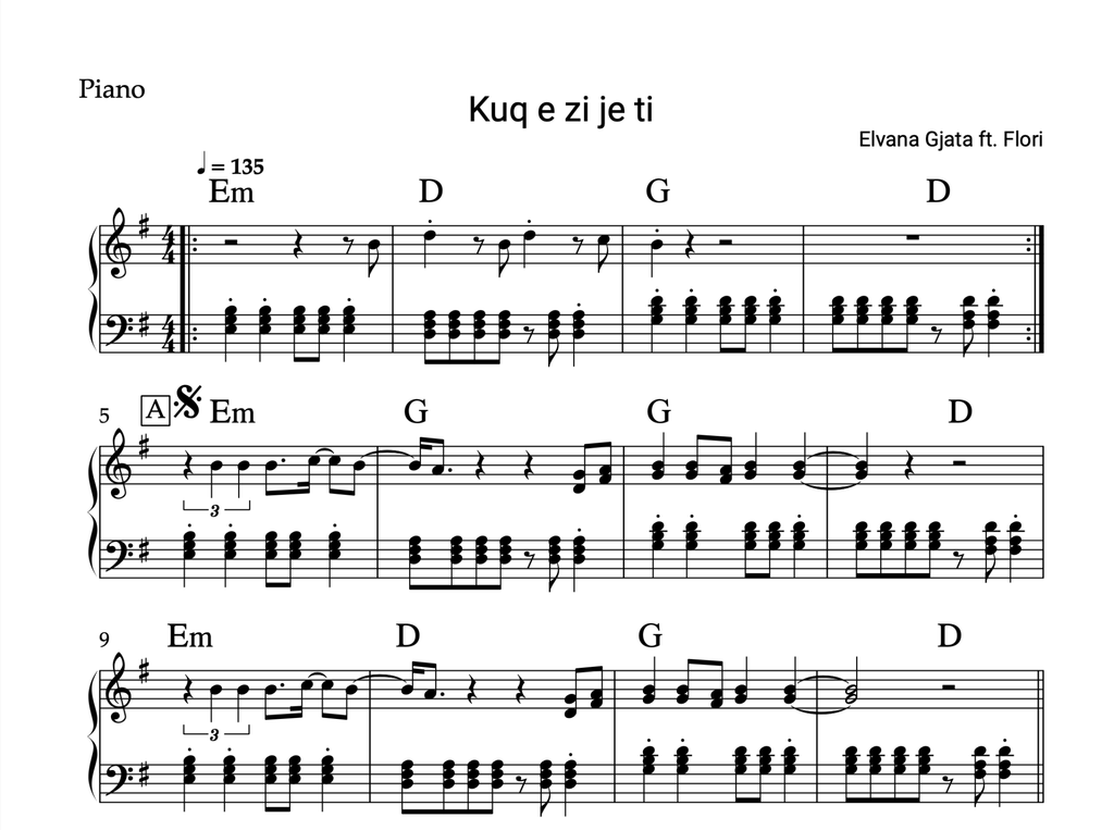 Kuq e zi je ti - Piano sheet + Chords - Alb Music Notes