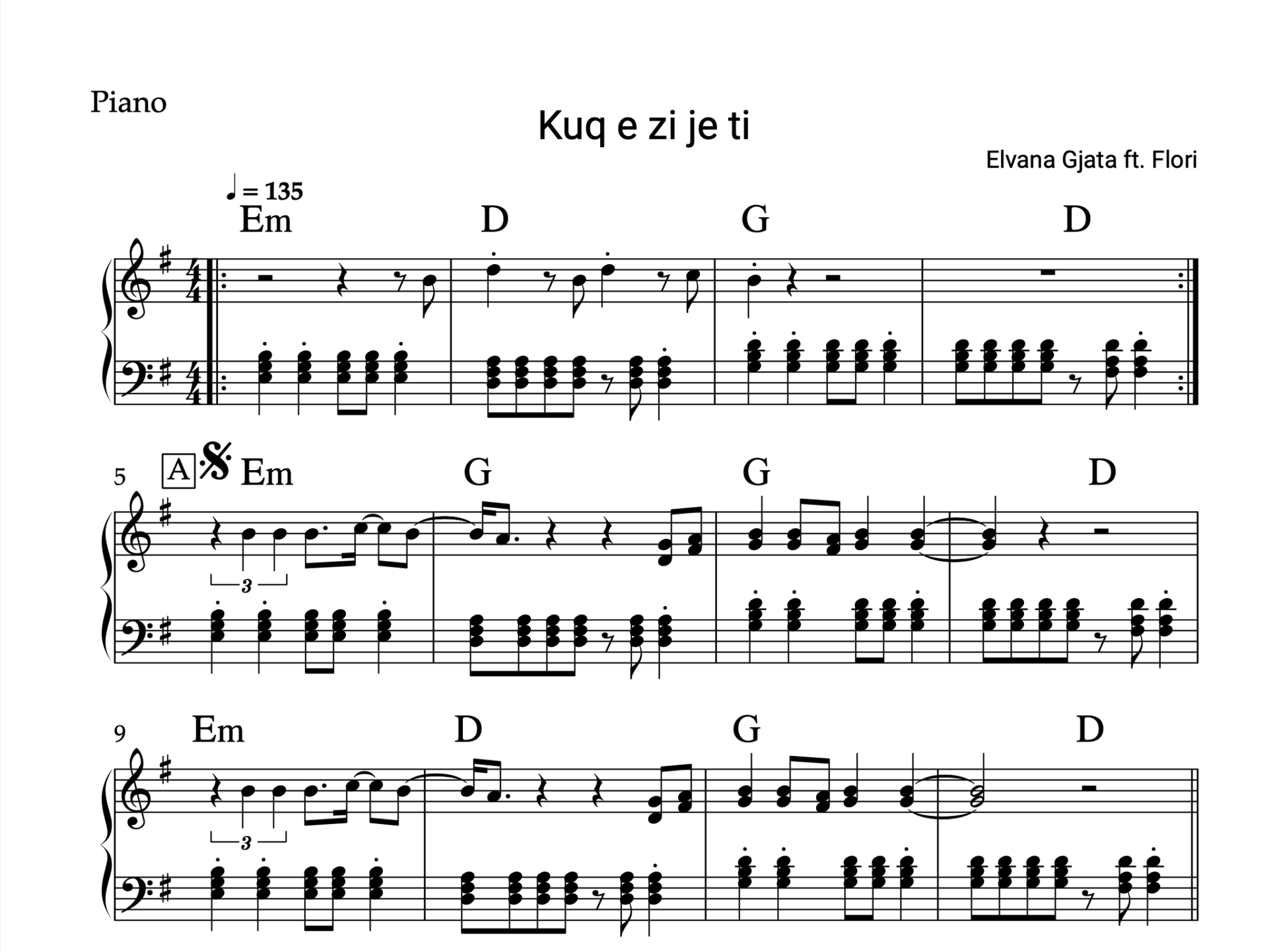 Kuq e zi je ti - Piano sheet + Chords - Alb Music Notes