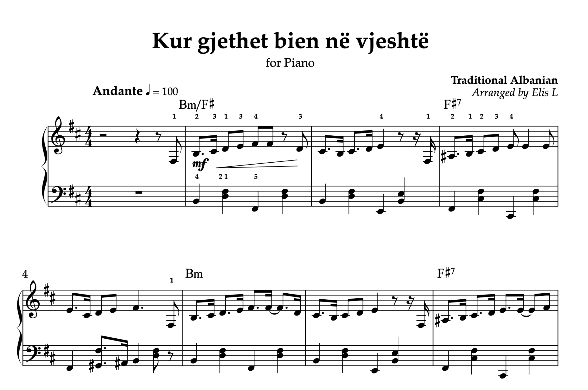 Kur gjethet bien në vjeshtë, Piano sheet + Chords - Alb Music Notes