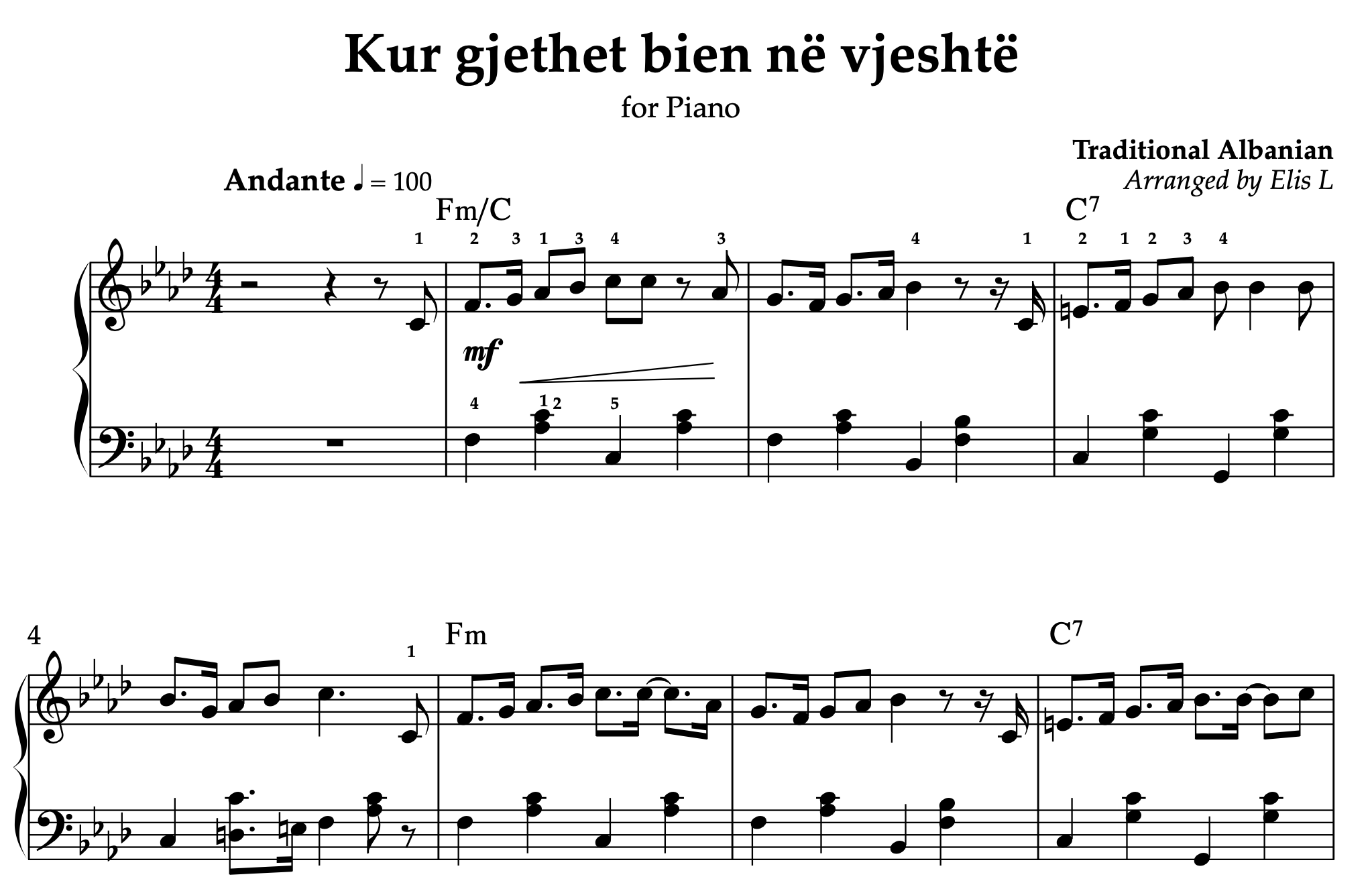 Kur gjethet bien në vjeshtë, Piano sheet + Chords - Alb Music Notes