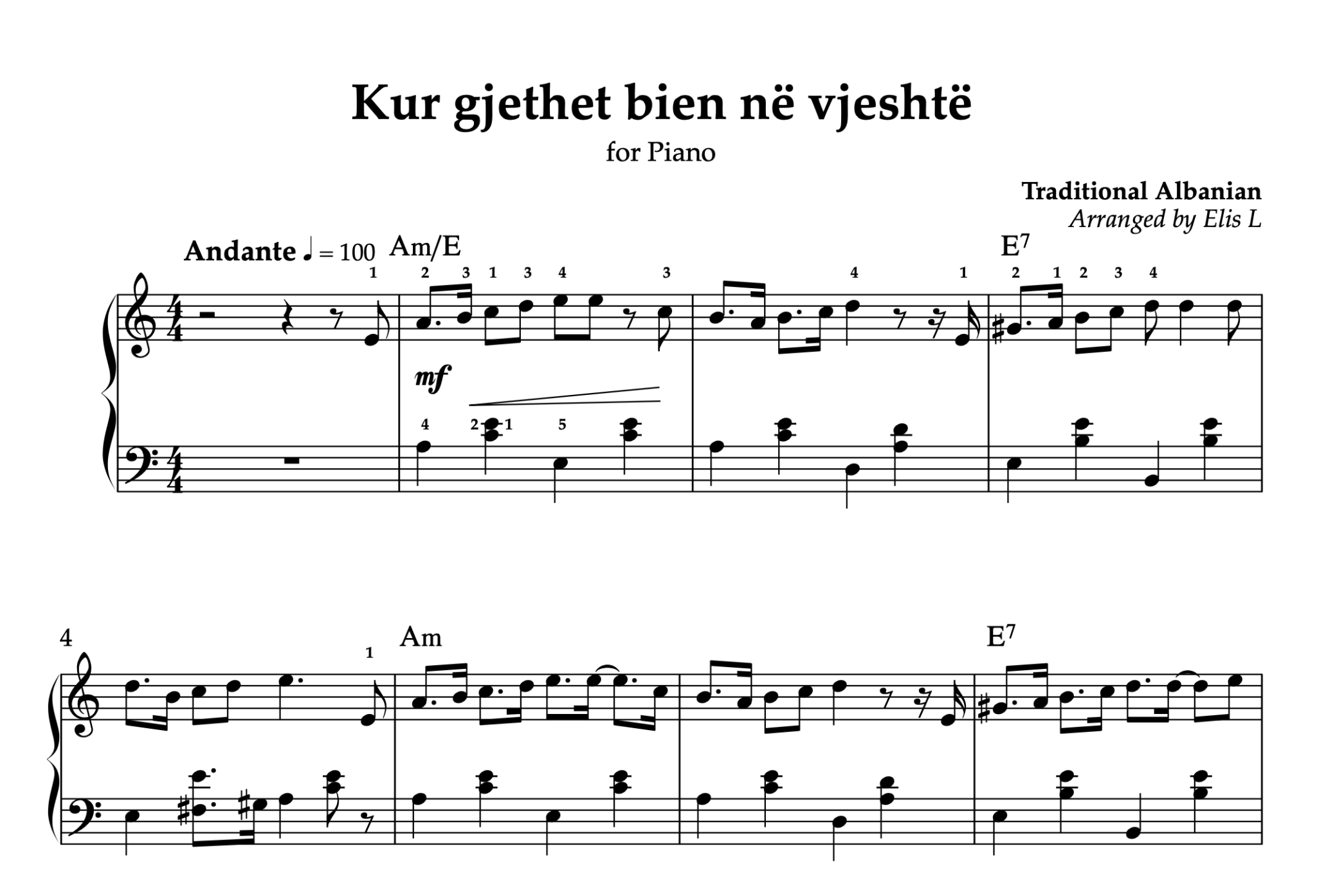 Kur gjethet bien në vjeshtë, Piano sheet + Chords - Alb Music Notes