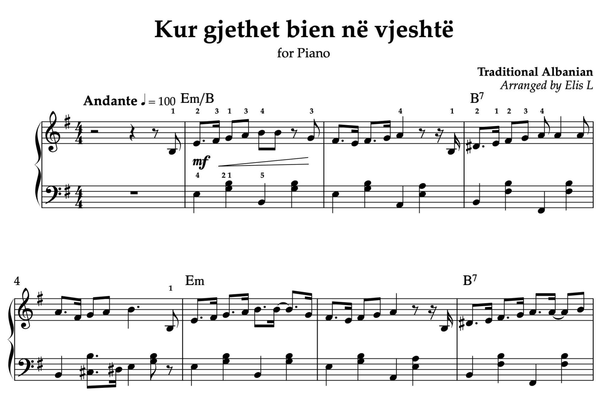 Kur gjethet bien në vjeshtë, Piano sheet + Chords - Alb Music Notes