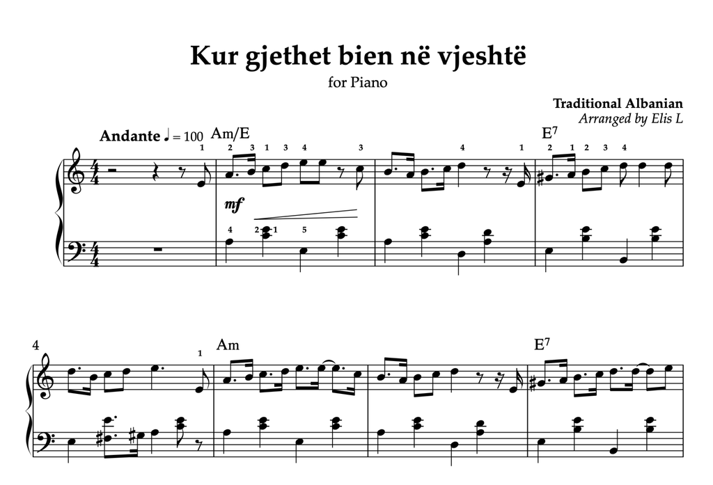 Kur gjethet bien në vjeshtë, Piano sheet + Chords - Alb Music Notes