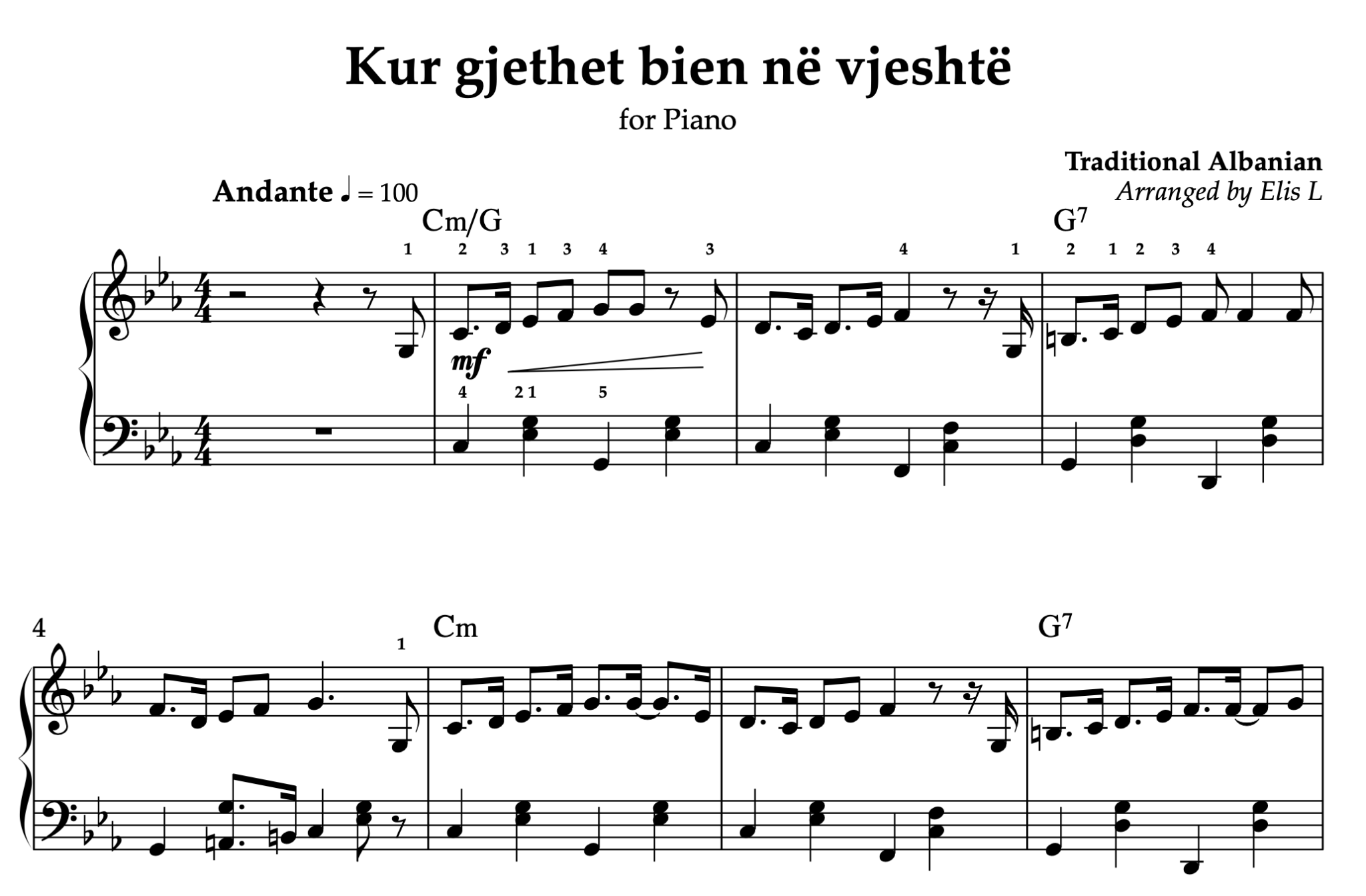 Kur gjethet bien në vjeshtë, Piano sheet + Chords - Alb Music Notes