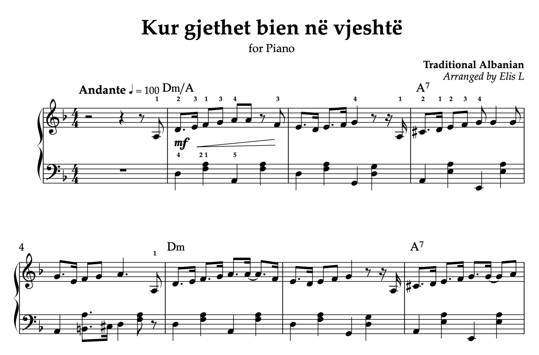 Kur gjethet bien në vjeshtë, Piano sheet + Chords - Alb Music Notes