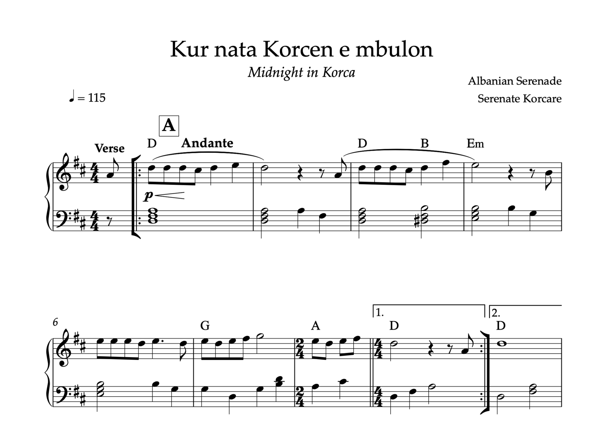 Kur nata Korcen e mbulon, Piano sheet + Chords - Alb Music Notes