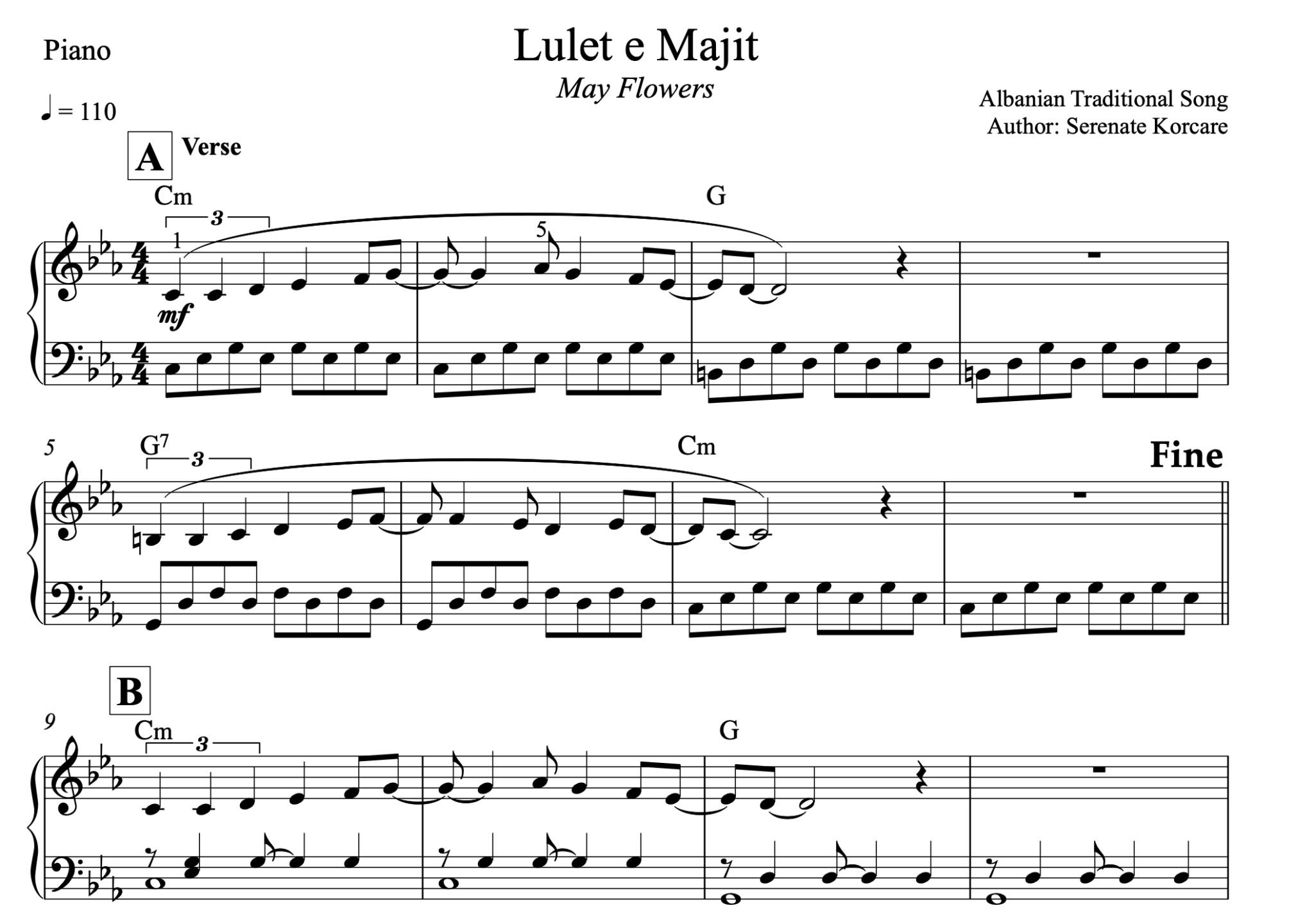 Lulet e majit, Piano sheet + chords - Alb Music Notes