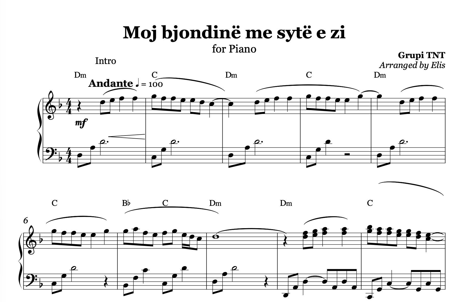 Moj bjondinë me sytë e zi, Piano sheet + chords - Alb Music Notes