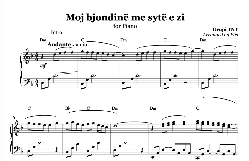 Moj bjondinë me sytë e zi, Piano sheet + chords - Alb Music Notes