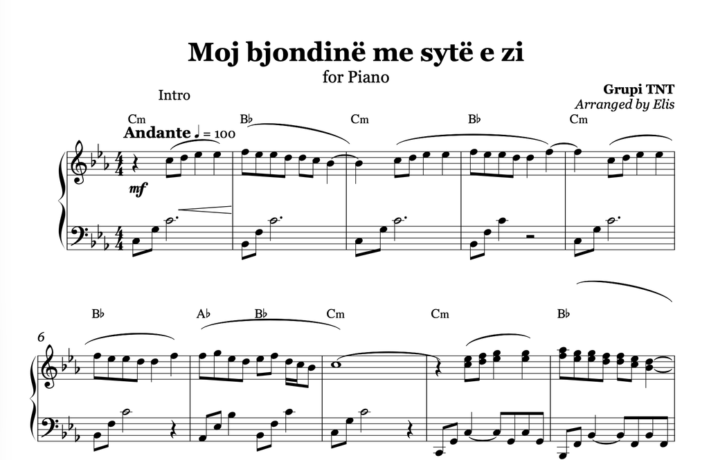 Moj bjondinë me sytë e zi, Piano sheet + chords - Alb Music Notes