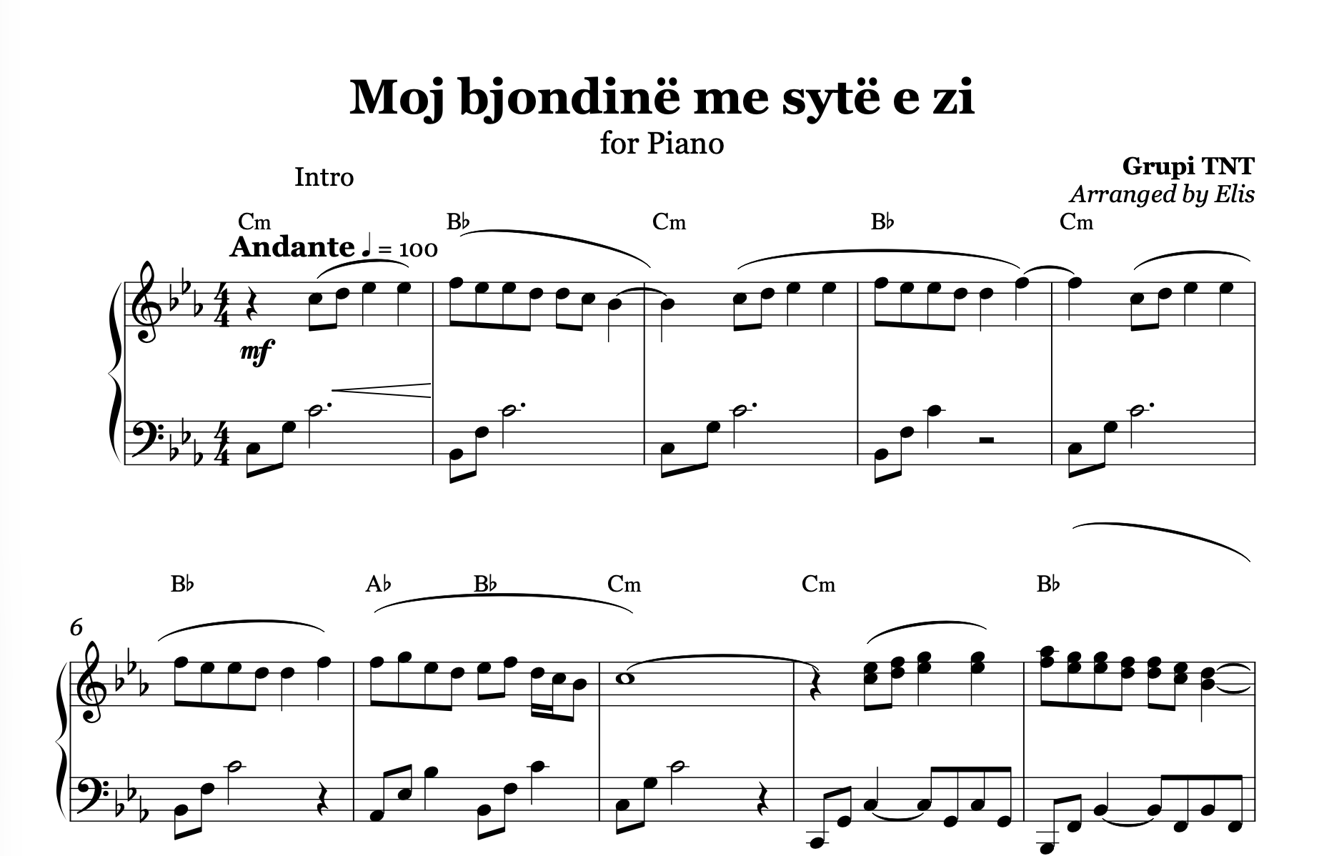 Moj bjondinë me sytë e zi, Piano sheet + chords - Alb Music Notes