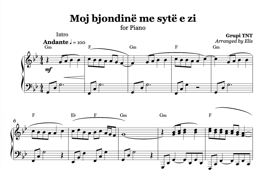 Moj bjondinë me sytë e zi, Piano sheet + chords - Alb Music Notes
