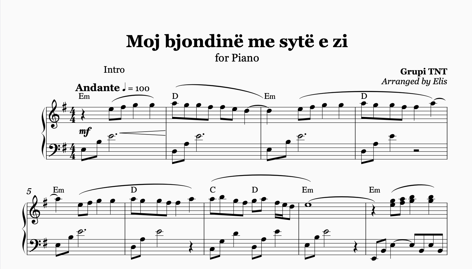 Moj bjondinë me sytë e zi, Piano sheet + chords - Alb Music Notes