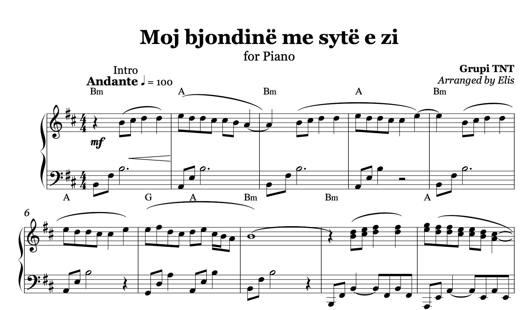 Moj bjondinë me sytë e zi, Piano sheet + chords - Alb Music Notes