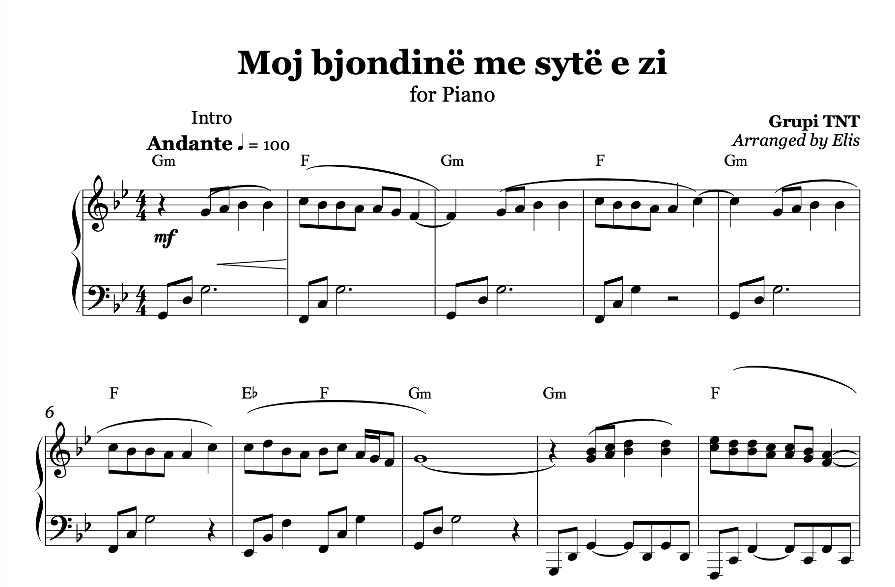 Moj bjondinë me sytë e zi, Piano sheet + chords - Alb Music Notes