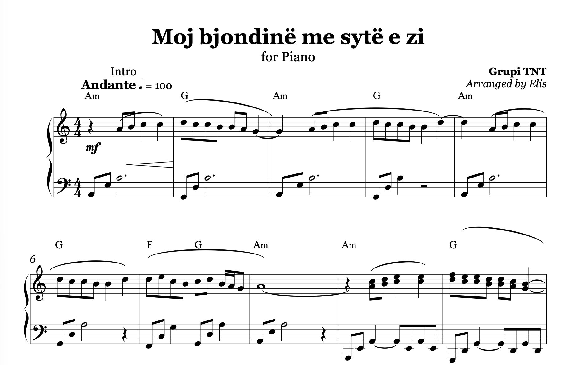 Moj bjondinë me sytë e zi, Piano sheet + chords - Alb Music Notes