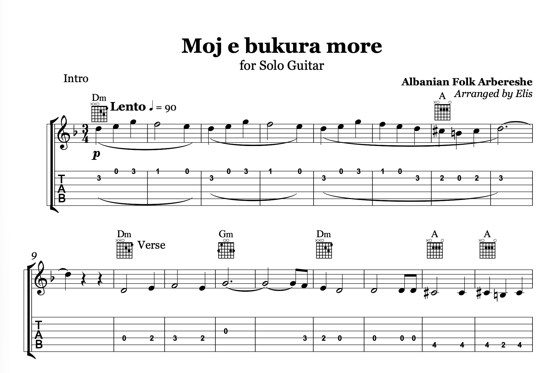 Moj e Bukura More – Guitar Sheet Music and Chords - Alb Music Notes