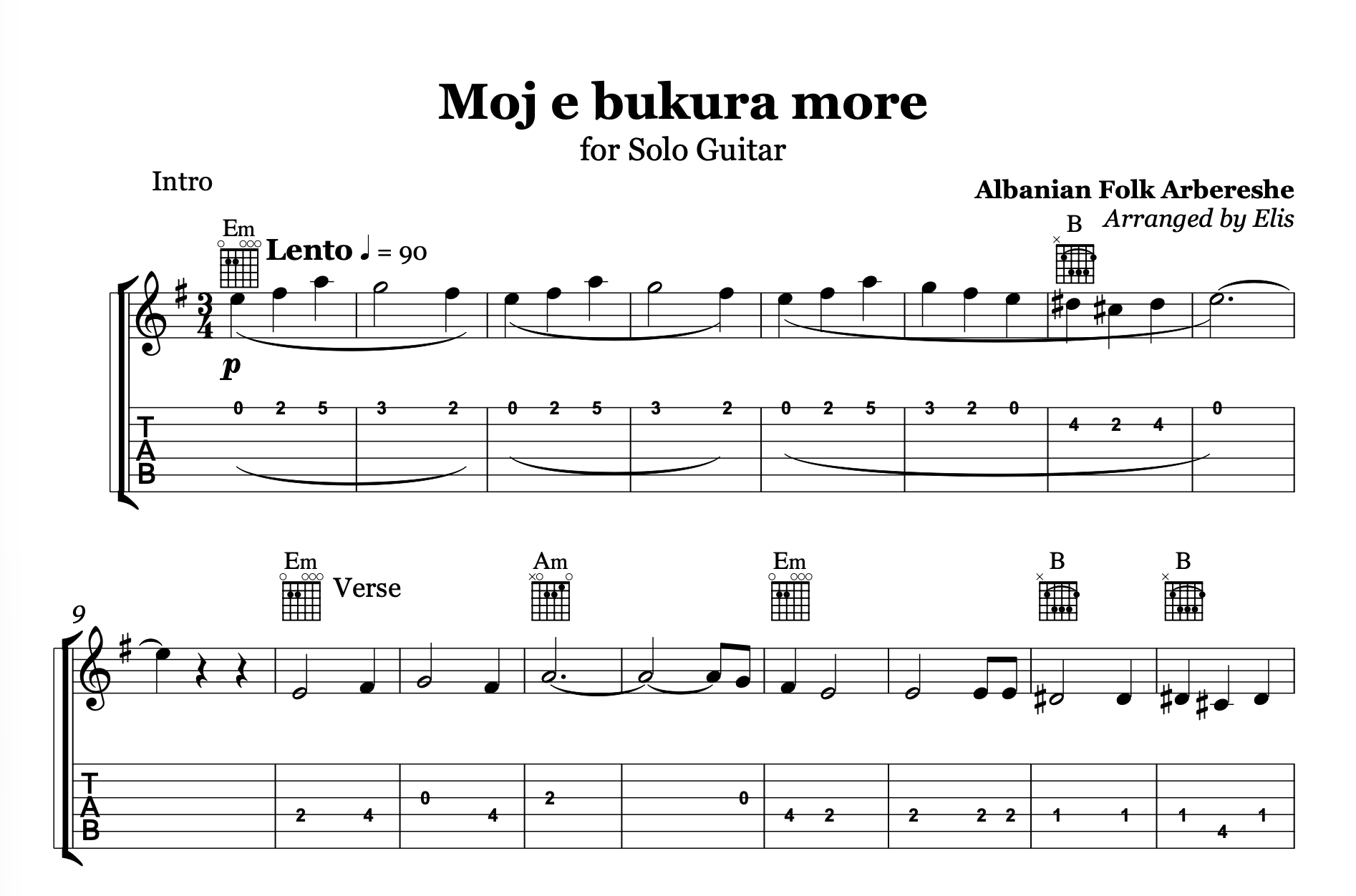 Moj e Bukura More – Guitar Sheet Music and Chords - Alb Music Notes