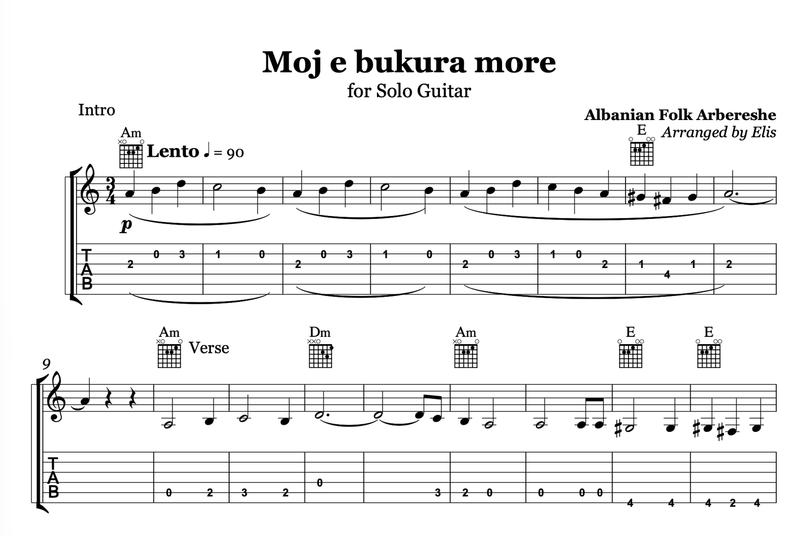Moj e Bukura More – Guitar Sheet Music and Chords - Alb Music Notes